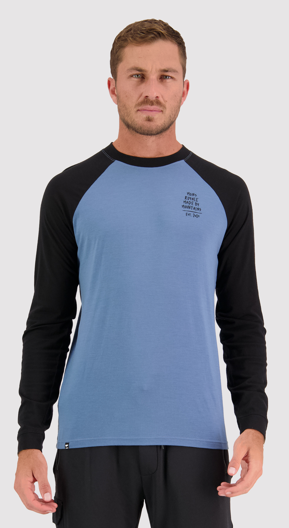 Mons Royale Icon Raglan Merino Long Sleeve Mens Graffiti Blue Slate / Black